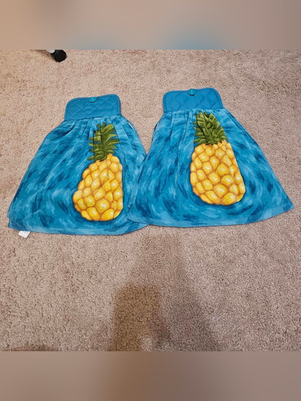 2 Handcrafted Potholders Attached To Towels | Blue + Yellow | Pineapple